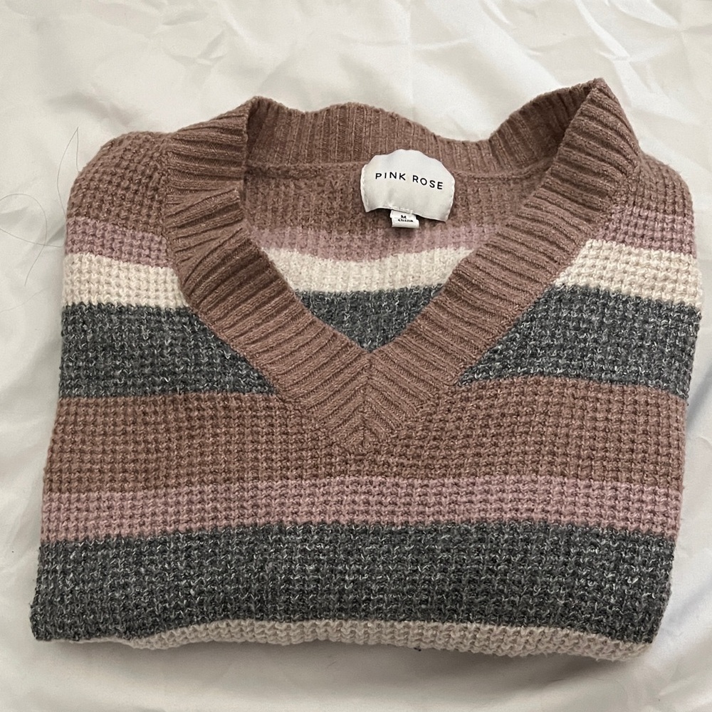 Pink Rose V-Neck Sweater - Brown, Pink, Gray